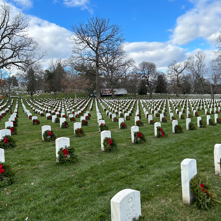 cemetery with wreaths on graves 